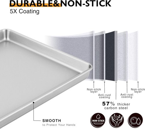 HONGBAKE Half Baking Sheet Pan Set - Nonstick Heavy Duty Cookie Trays, Dishwasher Safe | 2 Pack, Silver