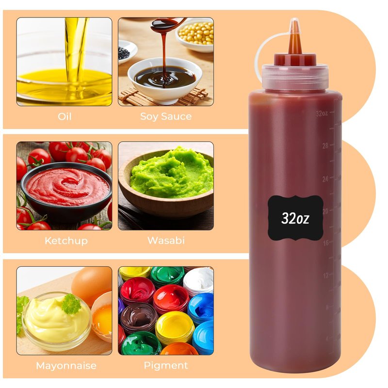 DHSBTLS 32 oz Plastic Squeeze Bottles, 8 Pack Clear Condiment Squeeze Bottles with Tethered Caps, Ketchup Bottles for Sauces, Perfect for Condiments, Oil, Icing, Liquids, with 10 Stickers and 1 Pen