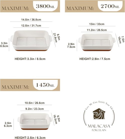 MALACASA Casserole Dishes Set of 3 - Ceramic Baking Pans with Roasting Racks | Khaki White (14.5''/13''/10.5'')
