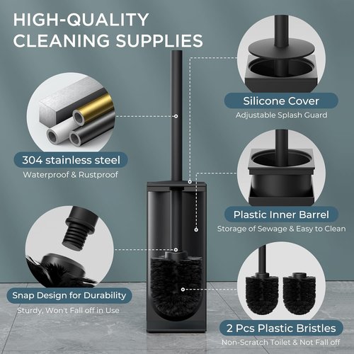 FORIOUS Toilet Brush Set - Heavy Duty 304 Stainless Steel Holder with Long Handle | Black, Space-Saving Design
