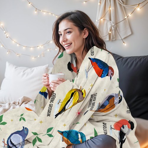 HEIFAM Bird Alphabet Blanket, Bird Gifts for Men Women, Easily Distracted by Birds Print Blanket Colorful, Birthday Gift for Boys Girls, Kingfishers Rock Pigeon House Sparrow Birds, 50''x60''