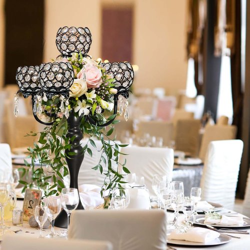 Kehail 22.5" Black Metal & Crystal Tea Light Candle Holder - Wedding, Party Centerpiece for Events, Decorative Chandelier (1, Black)