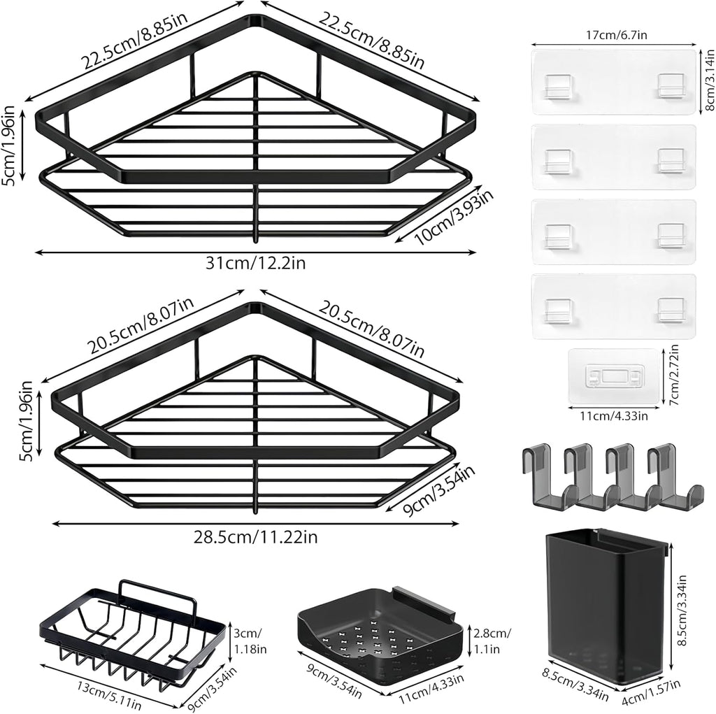 Skiennix Corner Shower Caddy - 5-Pack Adhesive Organizer Shelves | No-Drill Stainless Steel Storage Rack in Black