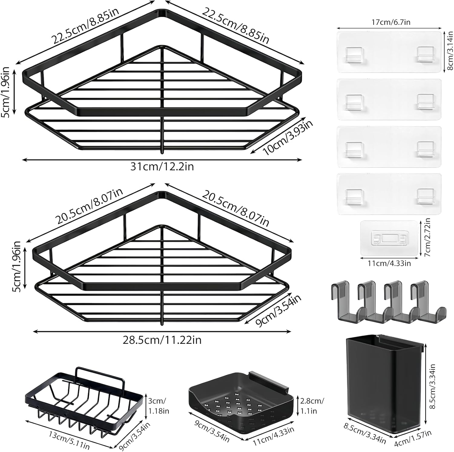 Skiennix Corner Shower Caddy - 5-Pack Adhesive Organizer Shelves | No-Drill Stainless Steel Storage Rack in Black