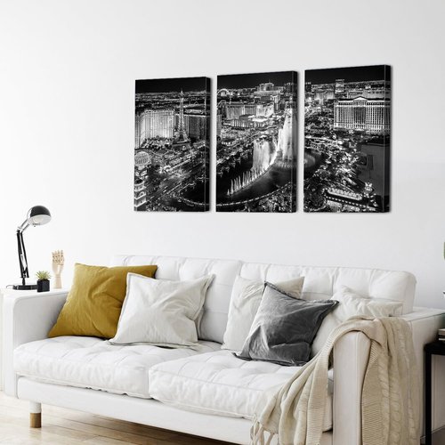Las Vegas Skyline Wall Art - Black and White Cityscape Canvas Prints | 16x32 Inches, 3-Piece Set for Office & Home Decor