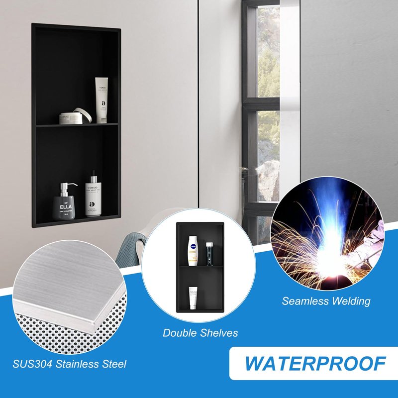BWE Bathroom Wall Niche,12" X 24" X 4" Stainless Steel Shower Niche,Rimless Recessed Shower Shelf for Bathroom,Double Shelves Niche,No Tile Needed Matte Black