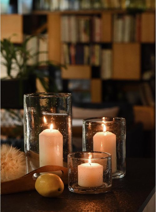 ARIAMOTION Hurricane Candle Holders - Hand Blown Glass Cylinder Vases | Set of 3 for Elegant Table Centerpiece