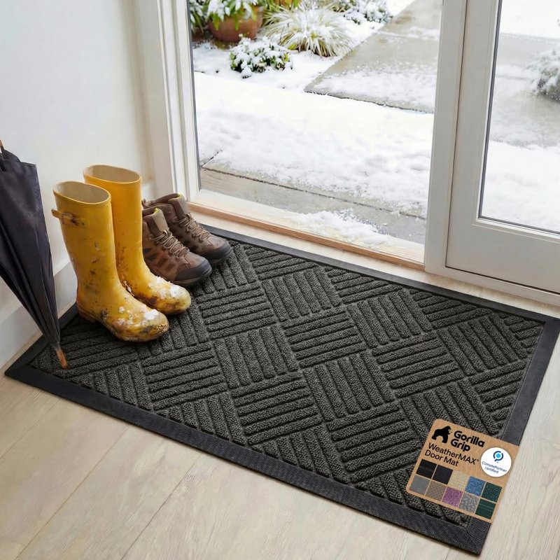 GORILLA GRIP 100% Waterproof All-Season WeatherMAX Doormat, 47x35, US Designed Natural Rubber, Stain and Fade Resistant, Low Profile Indoor Outdoor Door Mats, Easy Clean Patio Mat, Gray Diamond