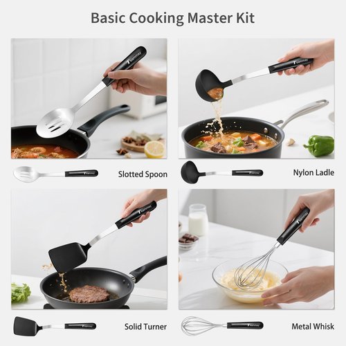Teammay 4-Piece Nylon Cooking Utensil Set - Heat-Resistant, Dishwasher Safe Kitchen Tools with Stainless Steel & PP Hybrid Handle for Nonstick Cookware (Ladle, Spatula, Slotted Spoon, Whisk)