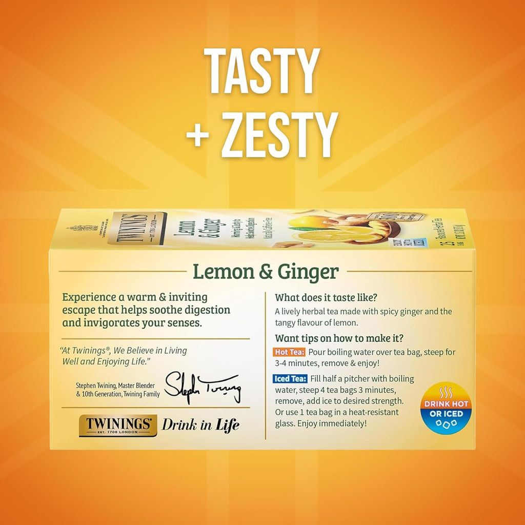 Twinings Lemon & Ginger Herbal Tea - Spicy Ginger & Lemon Peel, Caffeine-Free, 150 Individually Wrapped Bags