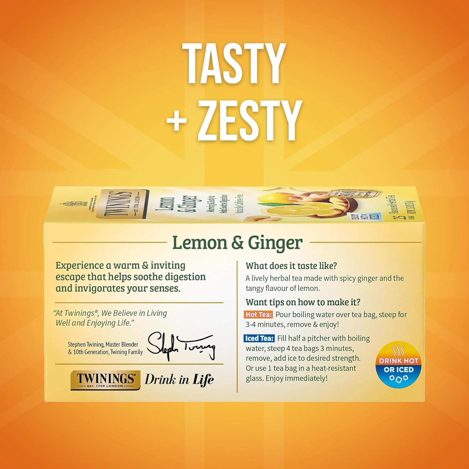 Twinings Lemon & Ginger Herbal Tea - Spicy Ginger & Lemon Peel, Caffeine-Free, 150 Individually Wrapped Bags