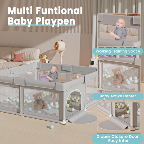 Hiaksedt Baby Playpen - 50 x 50 Inch Safe Play Area with Ocean Balls & Soft Fabric Zipper Gates