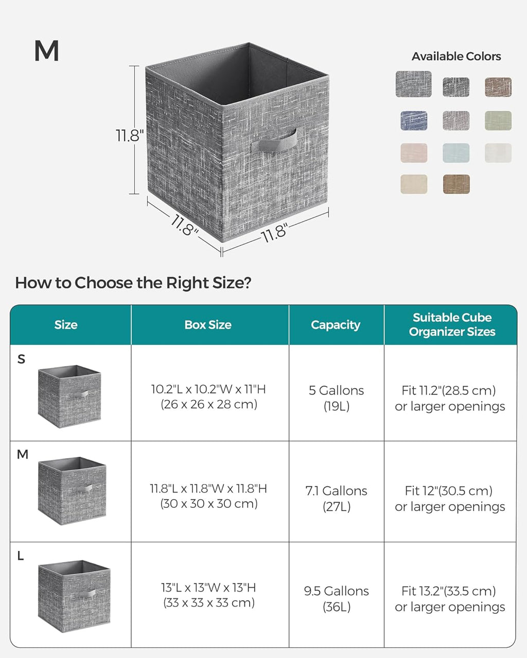SONGMICS Storage Cubes - 11.8-Inch Non-Woven Fabric Bins with Double Handles - Set of 6 in Cattail Gray for Closet Organization