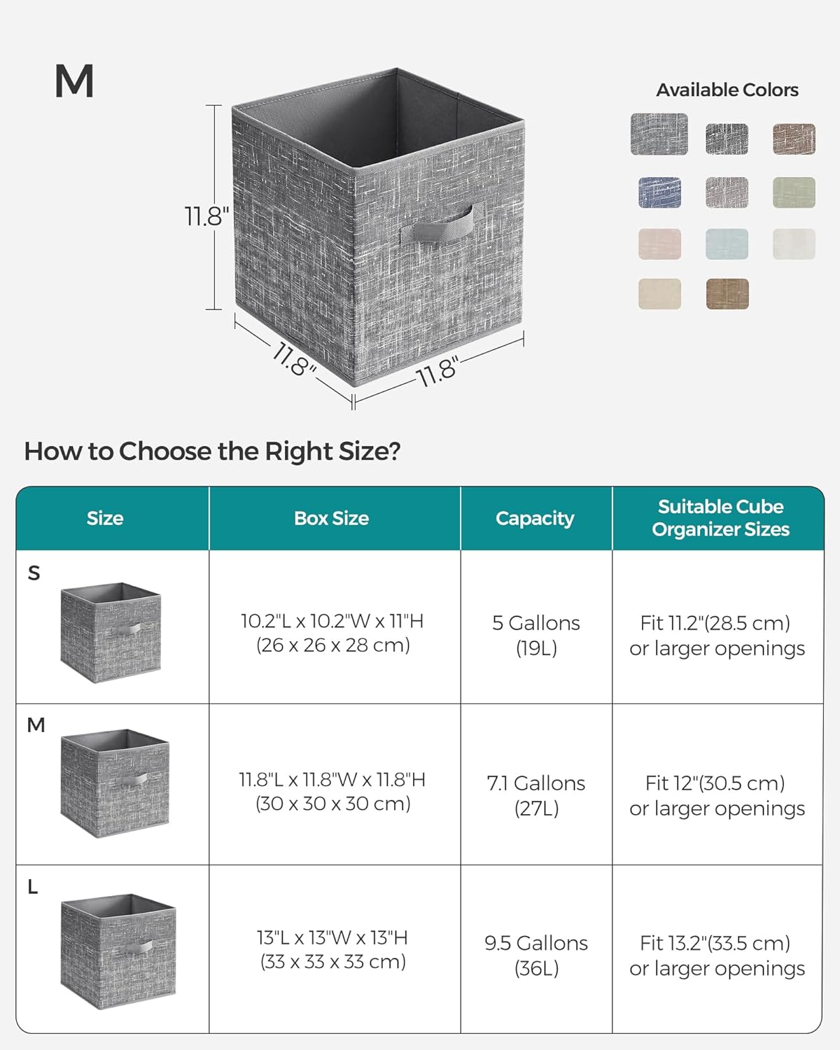 SONGMICS Storage Cubes - 11.8-Inch Non-Woven Fabric Bins with Double Handles - Set of 6 in Cattail Gray for Closet Organization