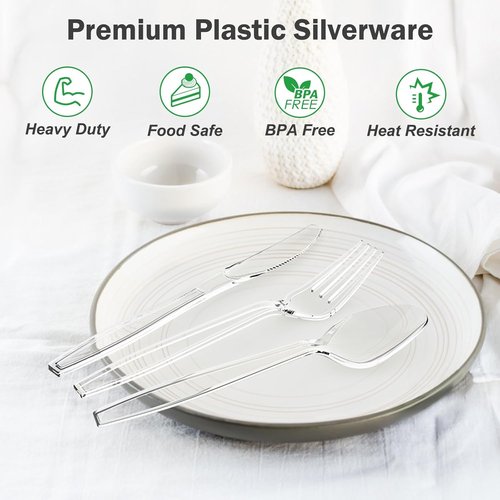 Dealusy 360 Count Heavy-Duty Clear Plastic Silverware Set - 150 Forks, 150 Spoons, 60 Knives | BPA-Free & Heat Resistant