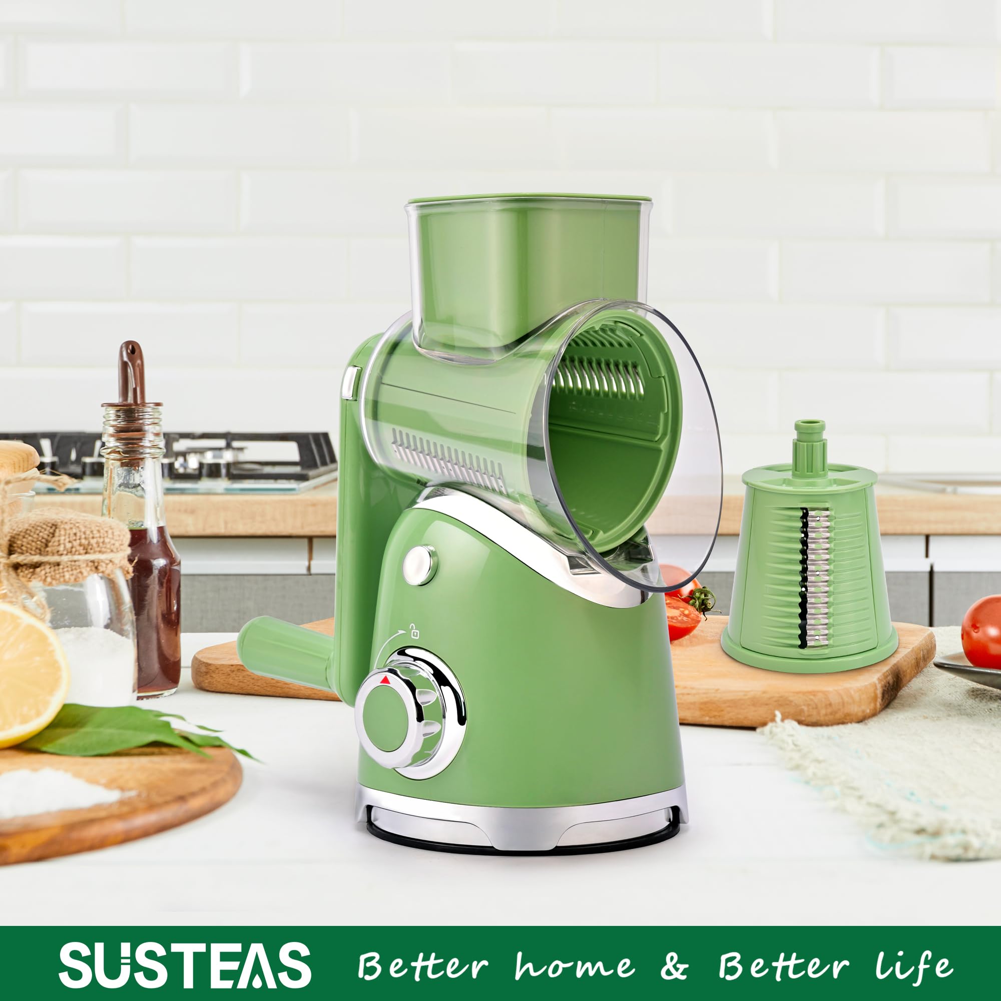 SUSTEAS Rotary Cheese Grater with Handle,Vegetable Slicer with 6 Interchangeable Blades, Reinforced Suction,Easy to Clean,Kitchen Chopper for Crushed Ice,Fruits and Nuts with Blade Storage Case,Green