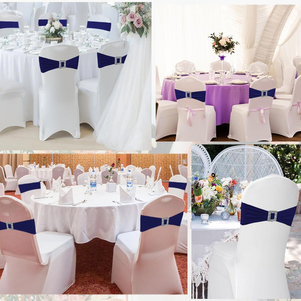 Skiennix Spandex Stretch Chair Sashes - 100 Pack Elastic Covers with Buckle Slider for Weddings & Events | Navy Blue