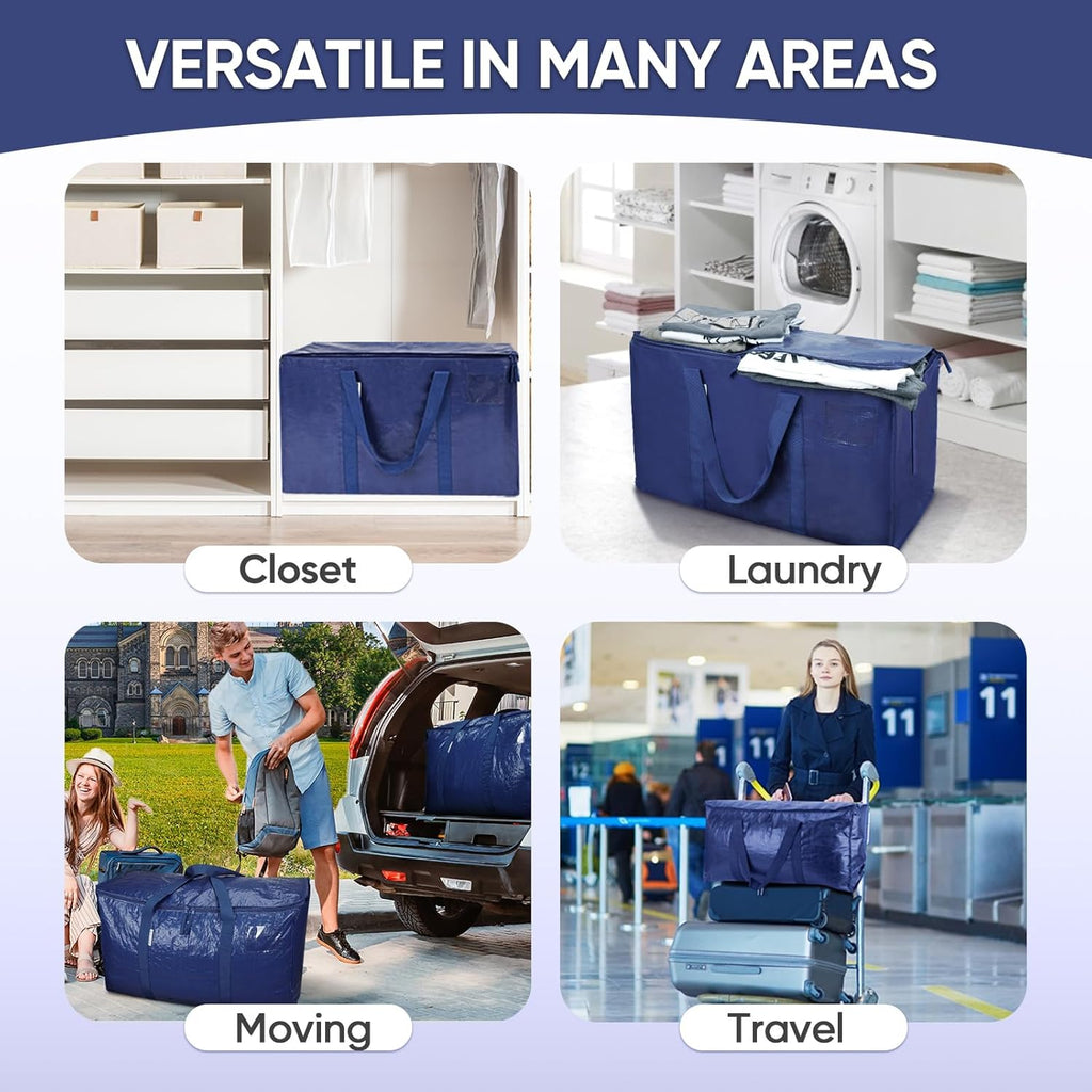 TICONN Extra Large Moving Bags - Heavy Duty Storage with Zippers & Handles | 4 Pack, Navy
