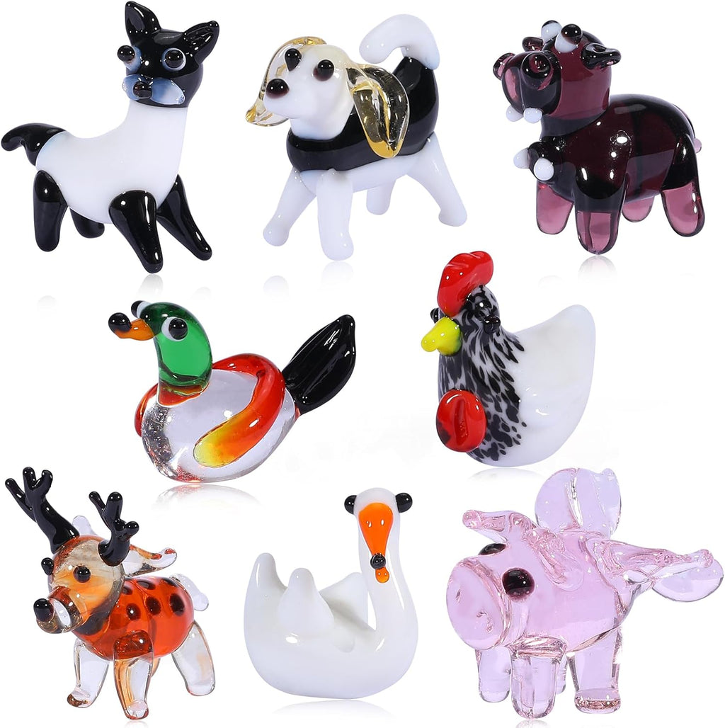 Skiennix 8 Piece Hand Blown Glass Figurines - Miniature Animal Collection for Home Décor & Gifts