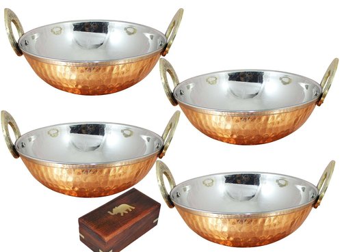SKAVIJ Heat Insulated Double Wall Karahi Copper Stainless Steel Serving Bowl (0.35 Litre, Pack of 4)