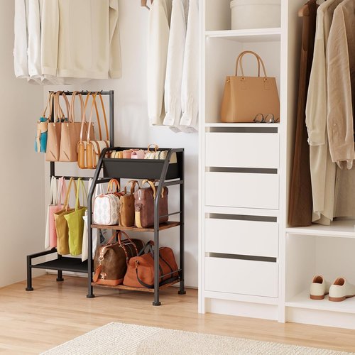 Homsorout Purse Organizer - 3-Tier Storage Stand with 12 Fixed Hooks | Space-Saving Black Bag Rack