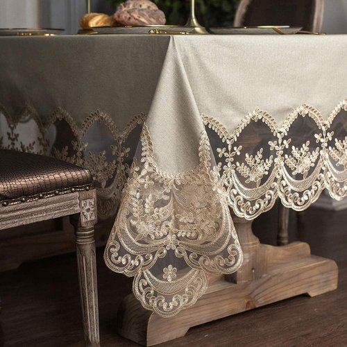 ARTABLE Vinyl Tablecloth Rectangle Waterproof Lace Table Cover with Exquisite Macrame Border for Wedding Kitchen Holidays Party Decor (Champagne, 60 x 84 Inch)