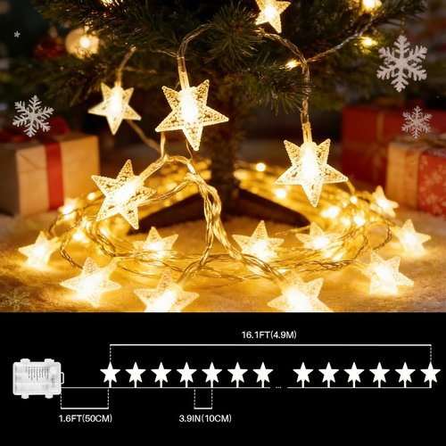 LAMPHOME Star LED String Lights - 16ft Warm White Fairy Lights with Remote & 8 Modes for Decor