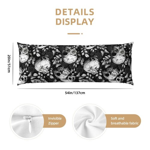 Black White Flower Sugar Skull Body Pillow Cover Pillowcase for Adults Women Men Long Body Pillow Case Cover with Zipper One Size