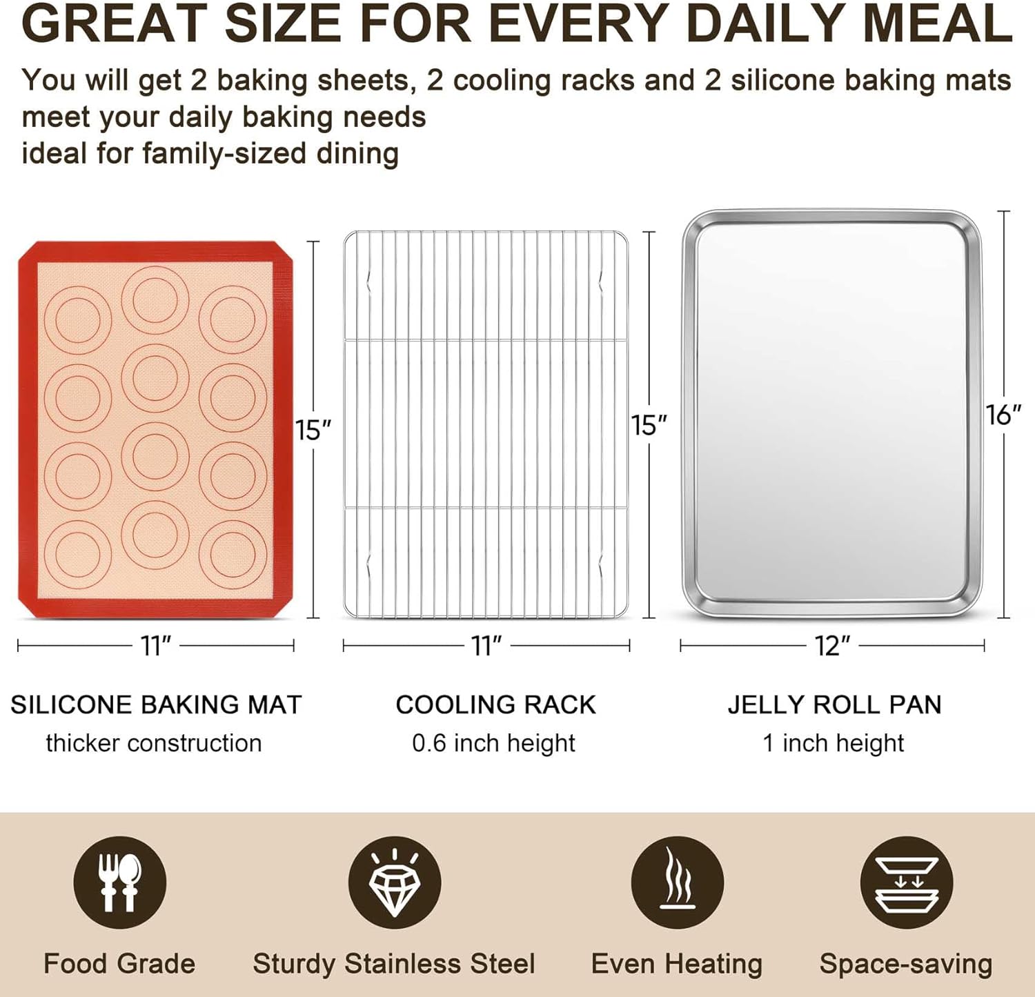 TeamFar Stainless Steel Baking Sheet Set - 16-Inch Cookie Sheets with Cooling Racks & Silicone Mats | Non-Toxic & Easy to Clean