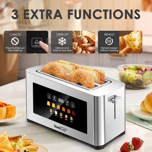 Geek Chef 4-Slice Long Slot Toaster - Touch Screen, Extra Wide Slots for Bagels & Waffles, Stainless Steel
