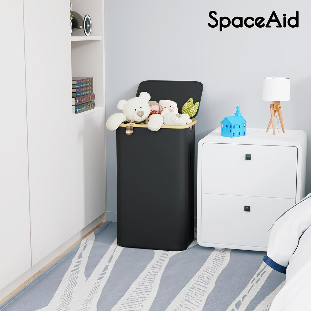 SpaceAid Laundry Hamper - 110L Tall Bin with Lid & Bamboo Handles | Collapsible for Bedroom & Bathroom - Black