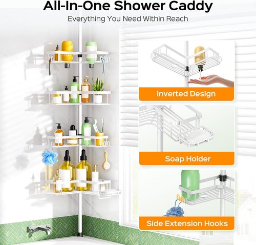 HAMITOR Corner Shower Caddy - 4-Tier Rustproof Bathroom Organizer with Soap Holder & Hooks | Adjustable Tension Pole Rack (47-123 Inch)