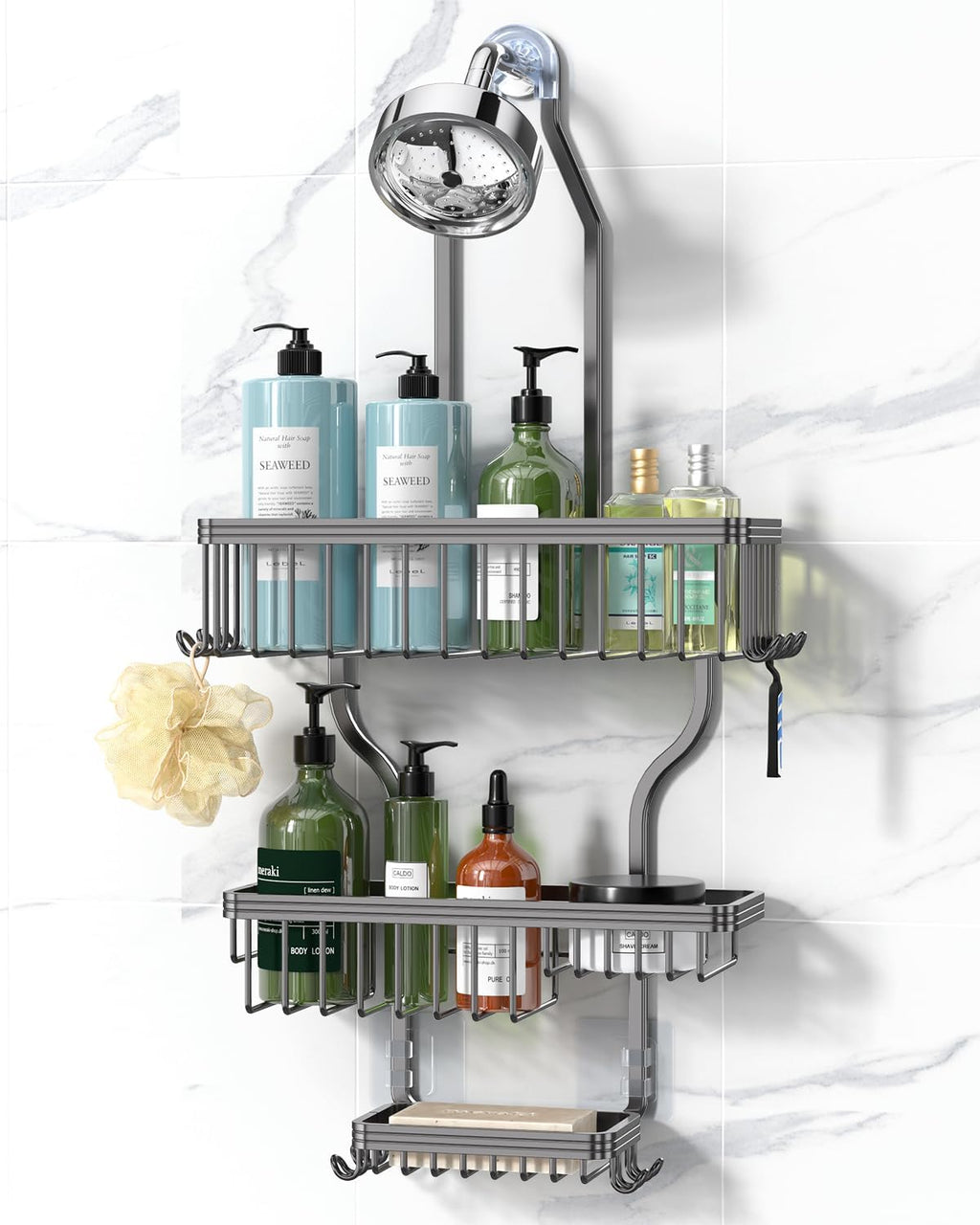 YASONIC Shower Caddy - Rust-Proof Aluminum Organizer with 10 Hooks & Soap Basket - Grey