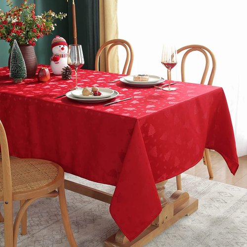 Christmas Tablecloth Rectangle, Jacquard Table Cloth Spillproof and Wrinkle Resistant with Christmas Trees for Dining Room & Holiday Decoration (Red, Rectangle/Oblong, 60" x 120" (10-12 Seats))