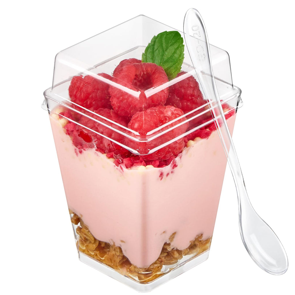 TOFLEN 50 Pack 5 oz Plastic Dessert Cups with High Lids for Party, Mini Dessert Cups with Spoons Dessert Shooter Cups for Yogurt Parfait, Appetizer, Pudding, Fruit and Ice Cream