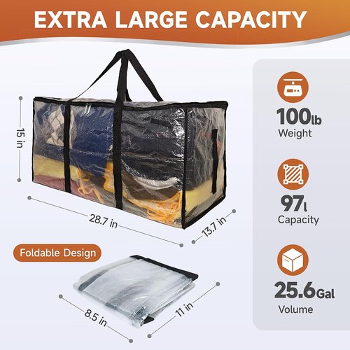 CONGREGATE Heavy Duty Extra Large Moving Bags - 97L Semi-Transparent Totes with Reinforced Handles & Metal Zippers | 28.7"x13.7"x15" Foldable Storage Solutions