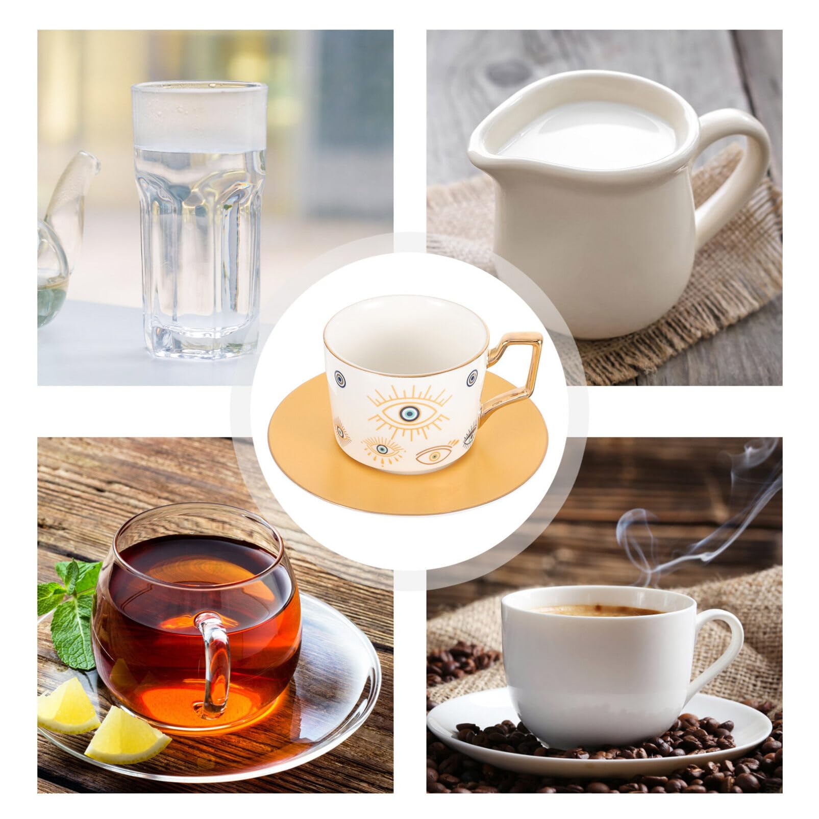 BESTonZON Evil Eye Ceramic Coffee Cup and Saucer Set Stylish Porcelain Tea Mug Kit for Home and Office Unique Latte and Tea Drinkware with Turkish Design 6-Inch Diameter