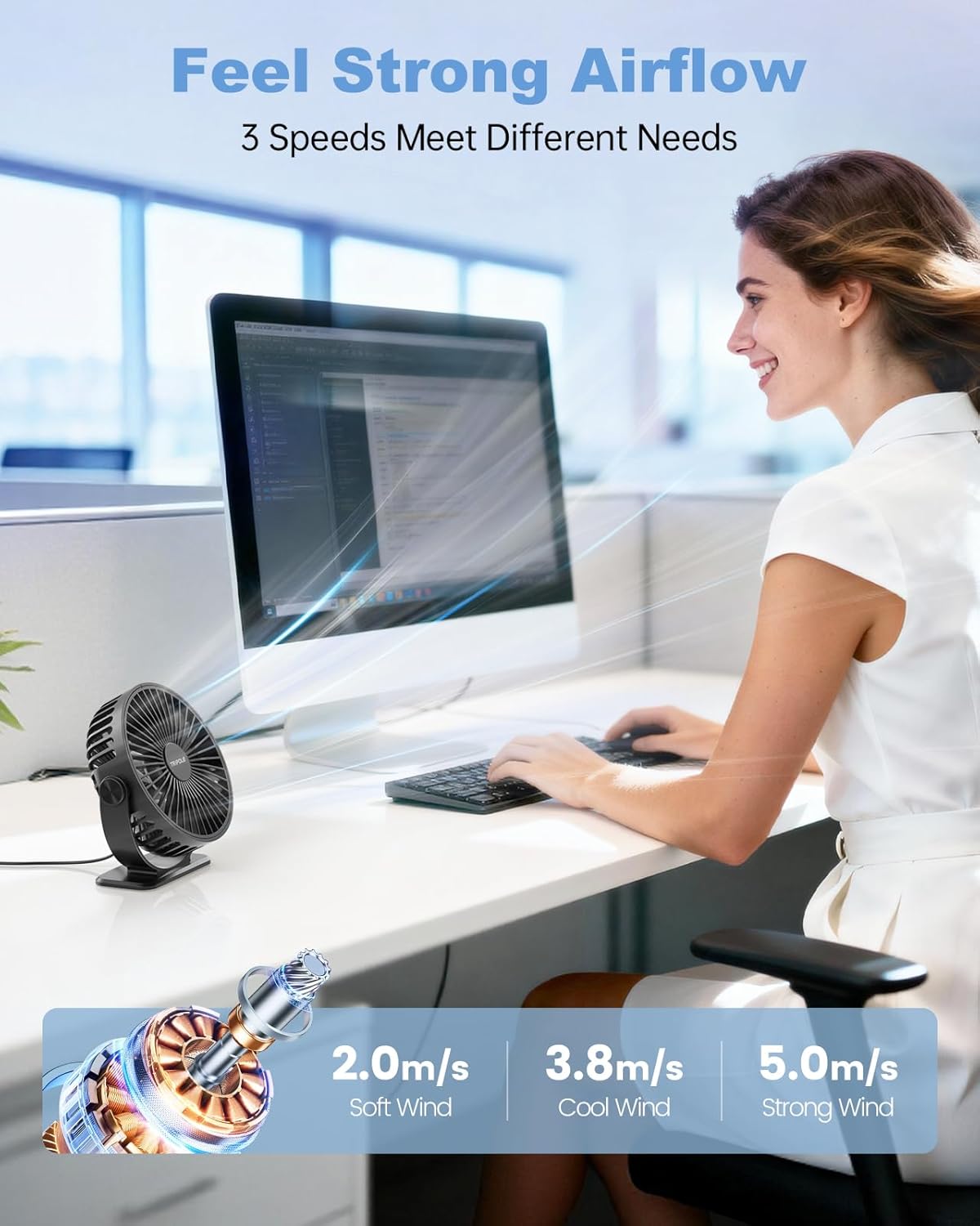 TriPole USB Powered Desk Fan - Portable Mini Fan with 3 Adjustable Speeds & 360° Rotation | Quiet Design for Home & Office - Black, 4.9ft Cable