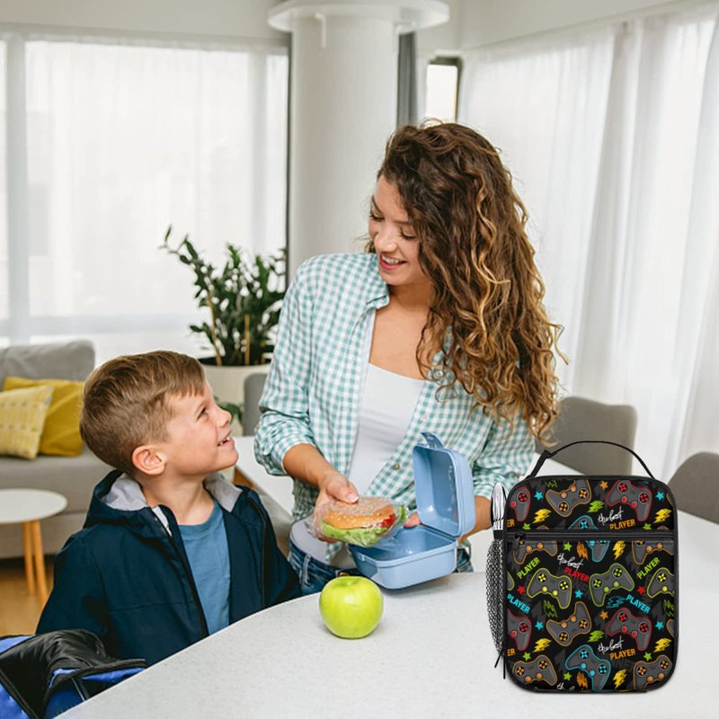 Miaoquhe Video Game Controller Insulated Lunch Bag, Gaming Gadgets Lunch Box for Boys Girls Kids, Portable Reusable Zipper Lunch Box for Men Women School Work Picnic Travel