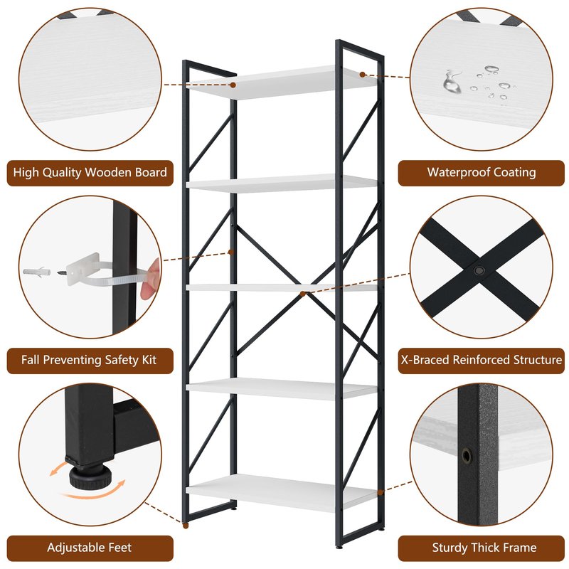Shintenchi 5 Tiers Bookshelf, Classically Tall Bookcase Shelf,Industrial Book Rack,Modern Book Holder in Bedroom/Living Room/Office, Storage Rack Shelves for Books/Movies,11.8" Dx23.6 Wx62.2 H,White