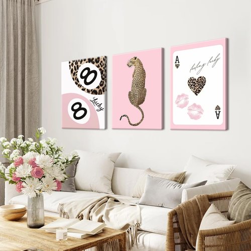 Funky Lucky You | Trendy Leopard Canvas Wall Art Set of 3 - Pink Cheetah Prints for Girls' Bedroom, 12x16 Inch Framed