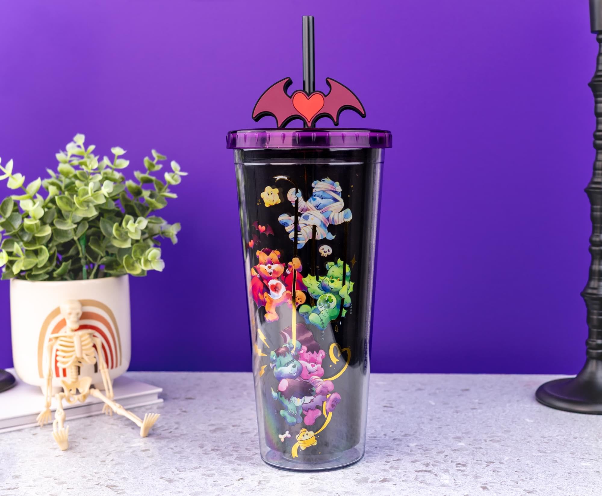 Silver Buffalo Care Bears x Universal Monsters Carnival Cup With Leak-Resistant Lid and Straw Topper | Holds 24 Ounces