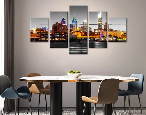 JiazuGo Philadelphia Skyline Wall Art for Living Room Wall Decor Black and White Night Scene Canvas Poster Decorations Office Bedroom Artwork 60" W×32" H