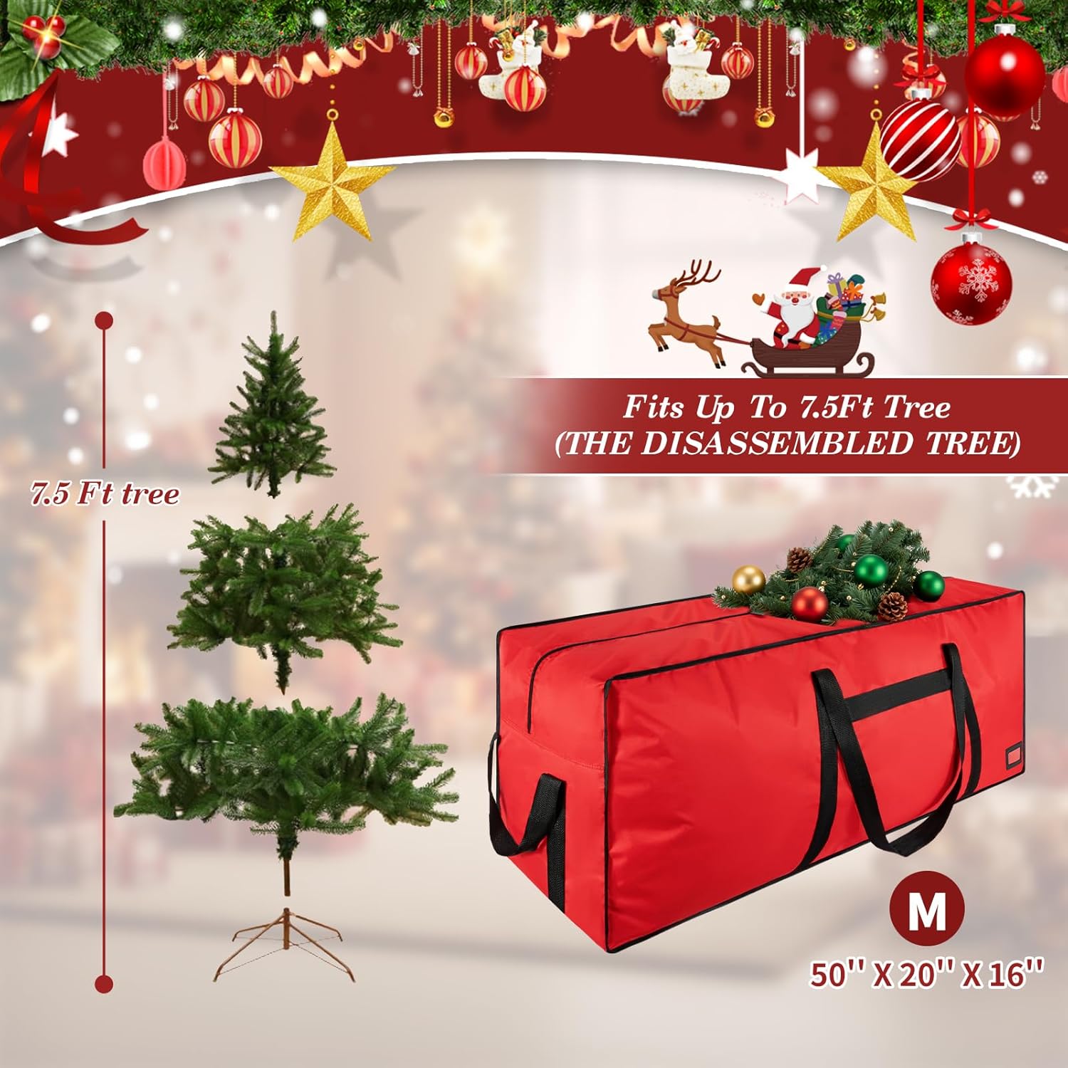 Skiennix Heavy Duty Christmas Tree Bag - 7.5 FT with Dual Zippers & Reinforced Handles | Large Red Capacity