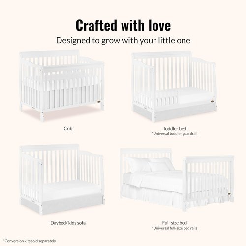 Dream On Me Ashton 4-in-1 Convertible Baby Crib - Full-Size, Sustainable Pinewood, White Finish