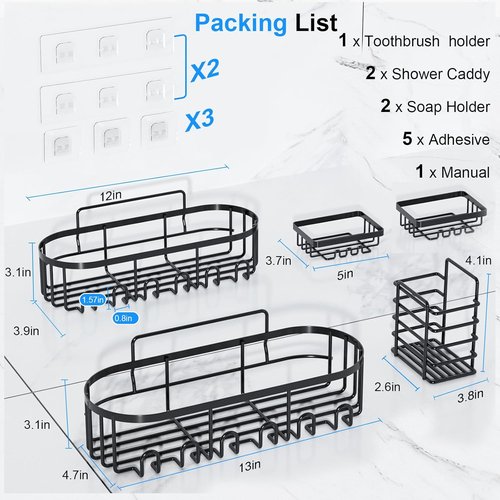 GearFusion Shower Caddy - Rustproof Stainless Steel Bathroom Organizer with 18 Hooks & Soap Holder | 5 Pack