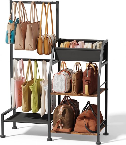 Homsorout Purse Organizer - 3-Tier Storage Stand with 12 Fixed Hooks | Space-Saving Black Bag Rack