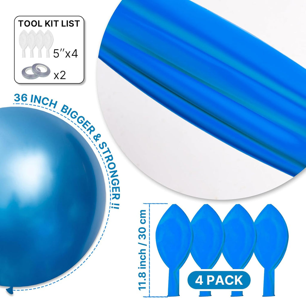 PartyWoo Metallic Blue Balloons - 36 Inch Chrome Latex Helium Balloons for Celebrations
