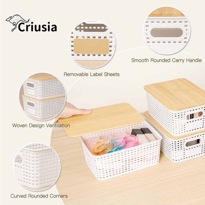 Criusia 6 Pack Plastic Storage Baskets With Bamboo Lid, Stackable Storage Baskets for Organizing Desktop Closet Shelves Drawers Pantry Organization Office Playroom Classroom