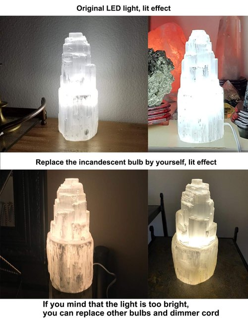 AMOYSTONE 8" Natural Selenite Crystal Lamp White Gemstones Skyscraper Tower Healing Lights Small, Include Led Bulb Switch